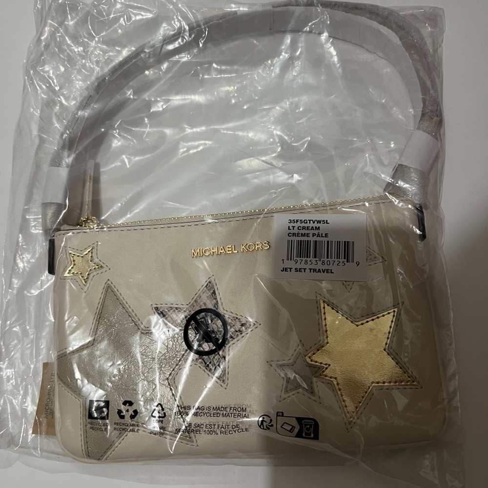 Michael Kors Cream and Gold Star Jet Set Travel Clutch Size Purse